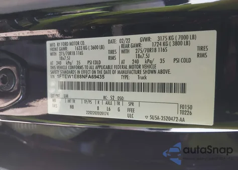 2022 Ford F-150 Tremor z USA, uszkodzony, nr VIN 1FTEW1E88NFA69435